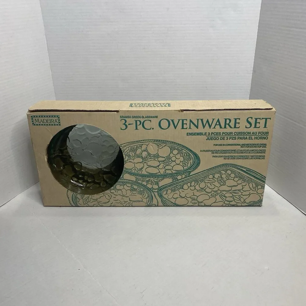 Indiana Glass Madeira 3pc Green Ovenware Set Casseroles Libbey Orchard Fruit VTG